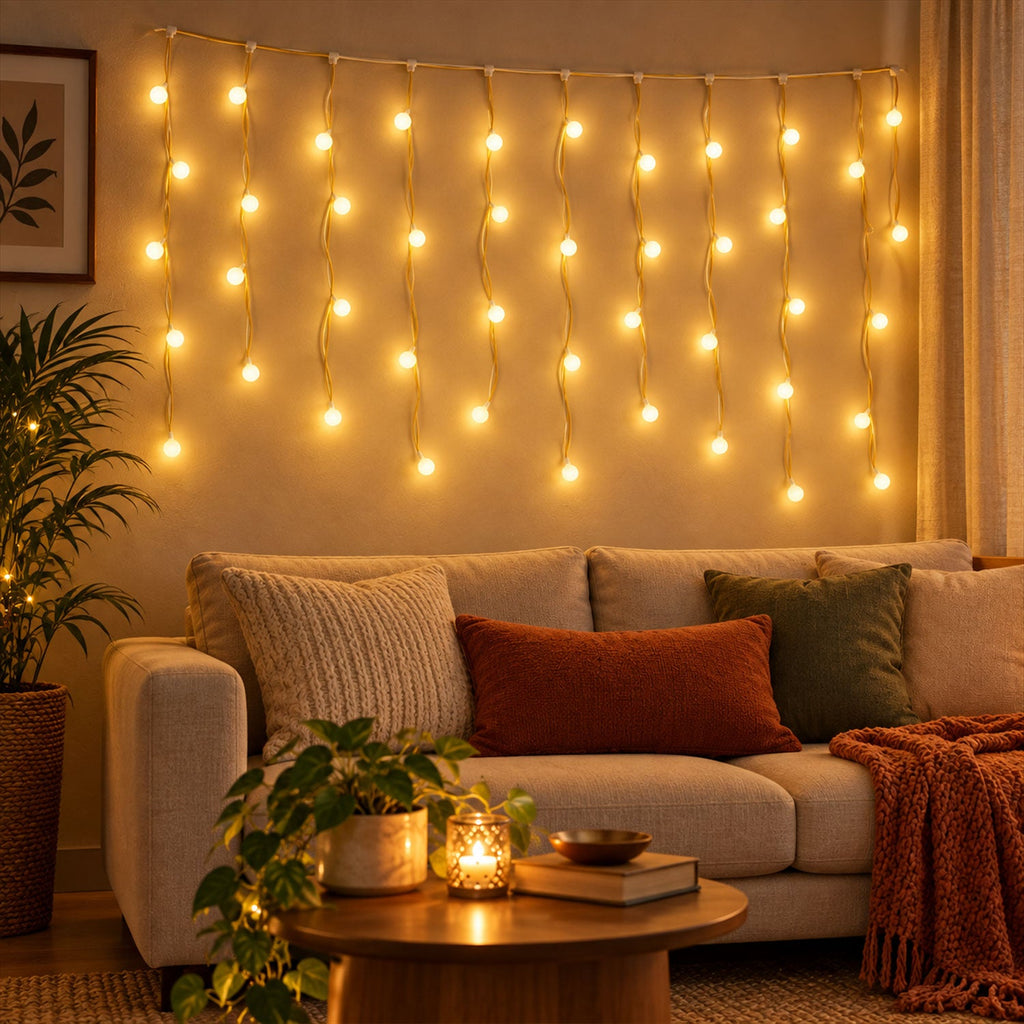 Warm White Bulb Curtain String Lights For Home Decoration (10 Mtr Approx)