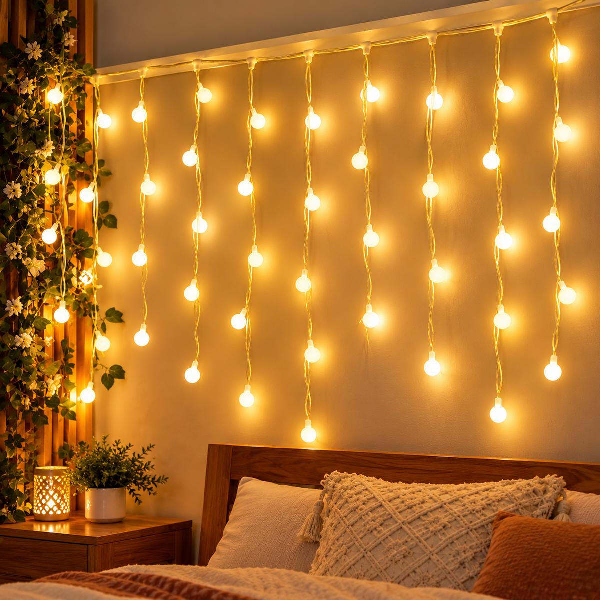 Diwali Decoration Curtain Lights, Warm White Round Bulb Fairy Lights, Plug-in, 10 Meter