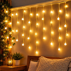 Diwali Decoration Curtain Lights, Warm White Round Bulb Fairy Lights, Plug-in, 10 Meter